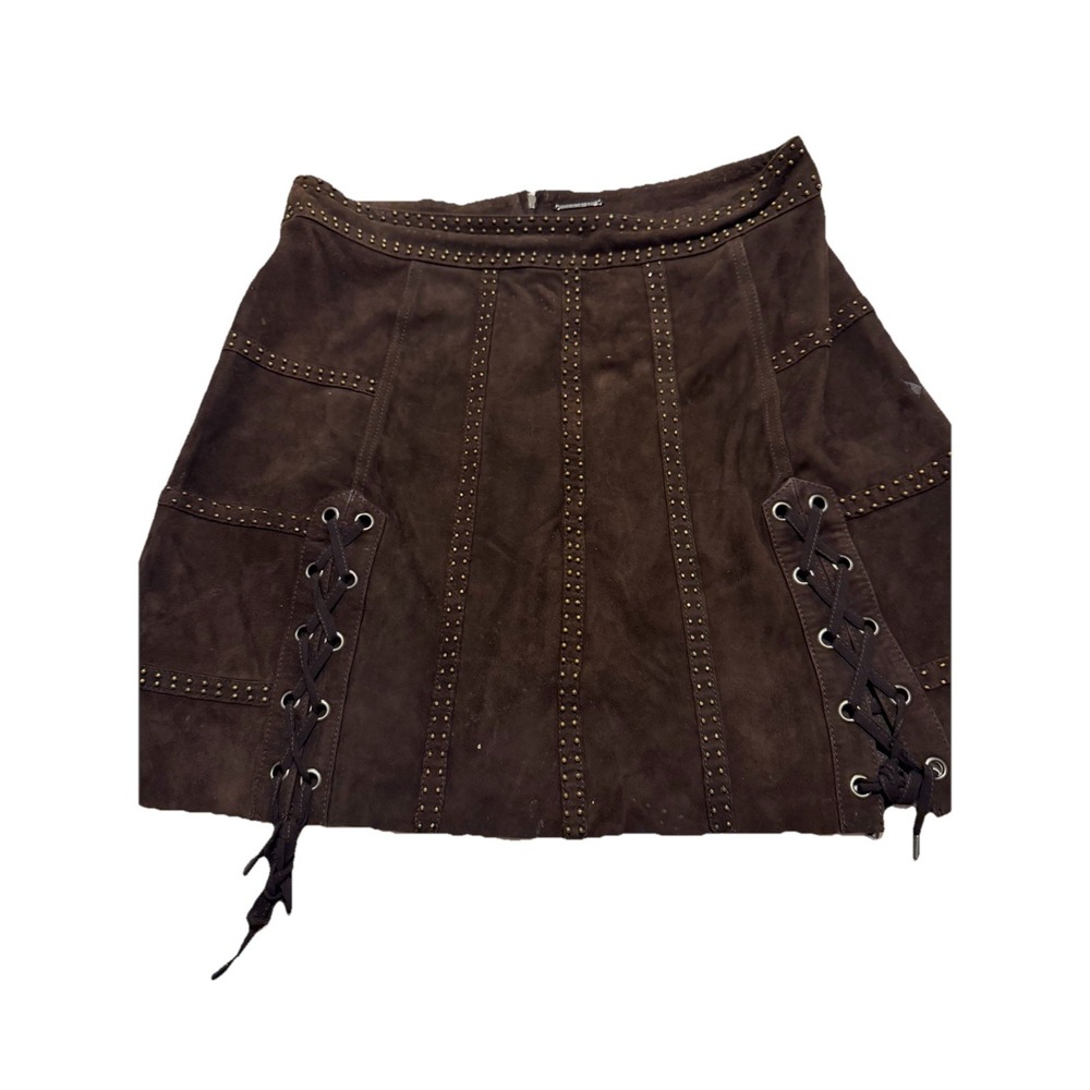 Haute Hippie Brown Studded Suede Lace-Up Mini Skirt Boho Western Festival Sz 2